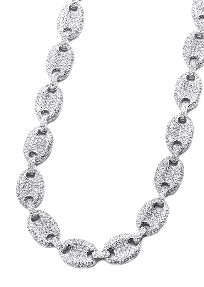 Solid 925 Silver Men's Puffed Mariner Link Chain - Iced Out CZ Hip Hop Jewelry, 18-30 Inch