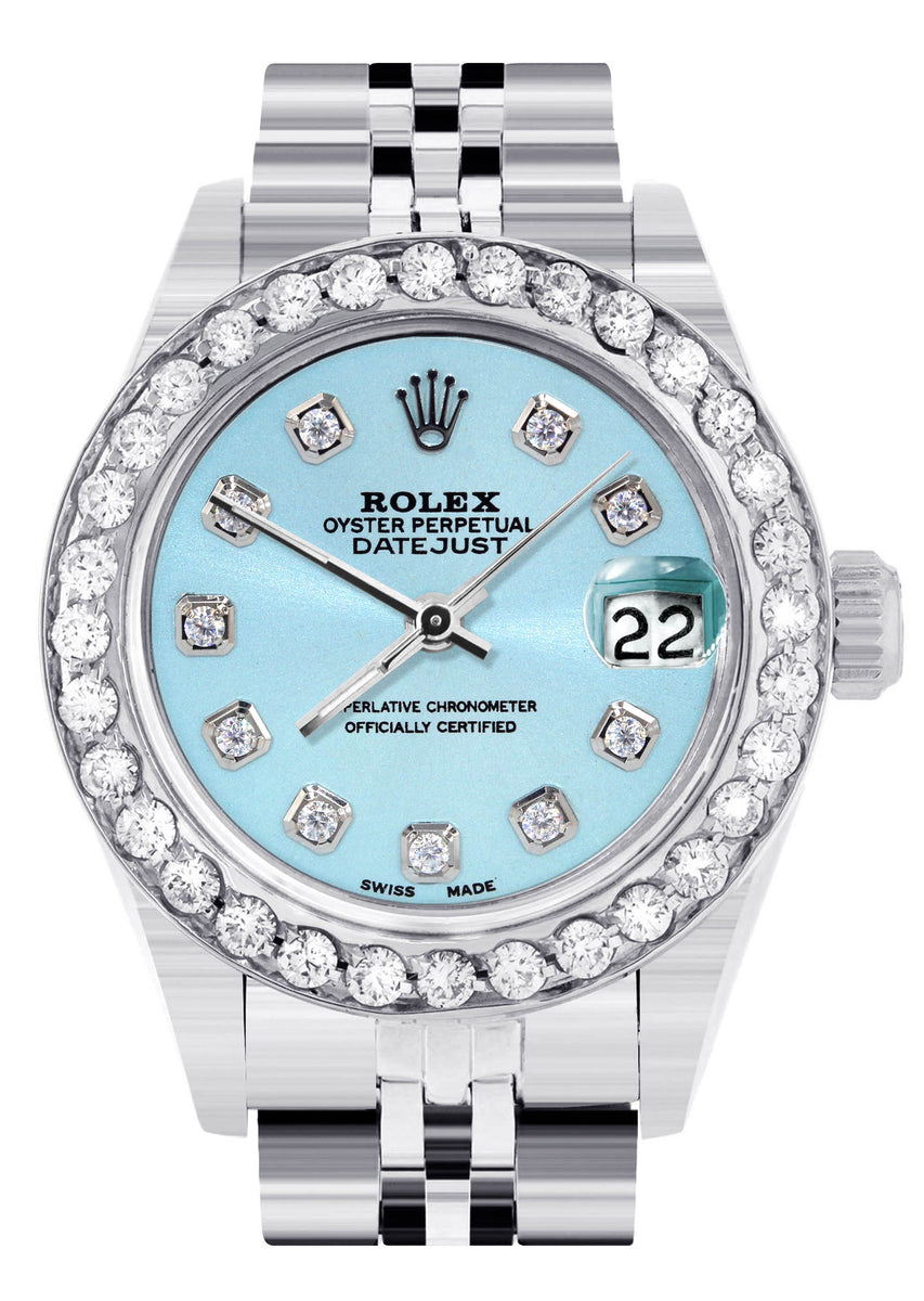 Womens Diamond Rolex Watch Carat Bezel 26Mm Light Blue Diamond