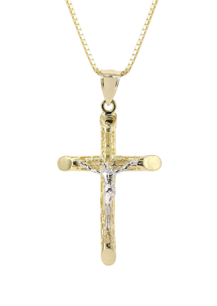10K Yellow Gold Box Chain & Gold Cross Necklace | Appx. 7.6 Grams chain & pendant FROST NYC 