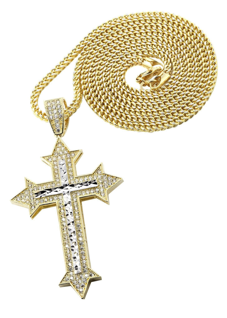 10K Yellow Gold Franco Chain & Cz Gold Cross Necklace | Appx. 14.7 Grams chain & pendant FROST NYC 
