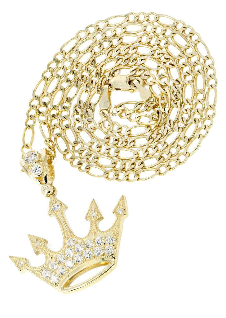 10K Yellow Gold Figaro Chain & Cz Crown Pendant | Appx. 8.2 Grams chain & pendant FROST NYC 