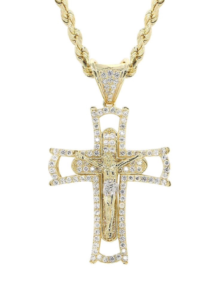 10K Yellow Gold Rope Chain & Cz Gold Cross Necklace | Appx. 11.2 Grams chain & pendant FROST NYC 