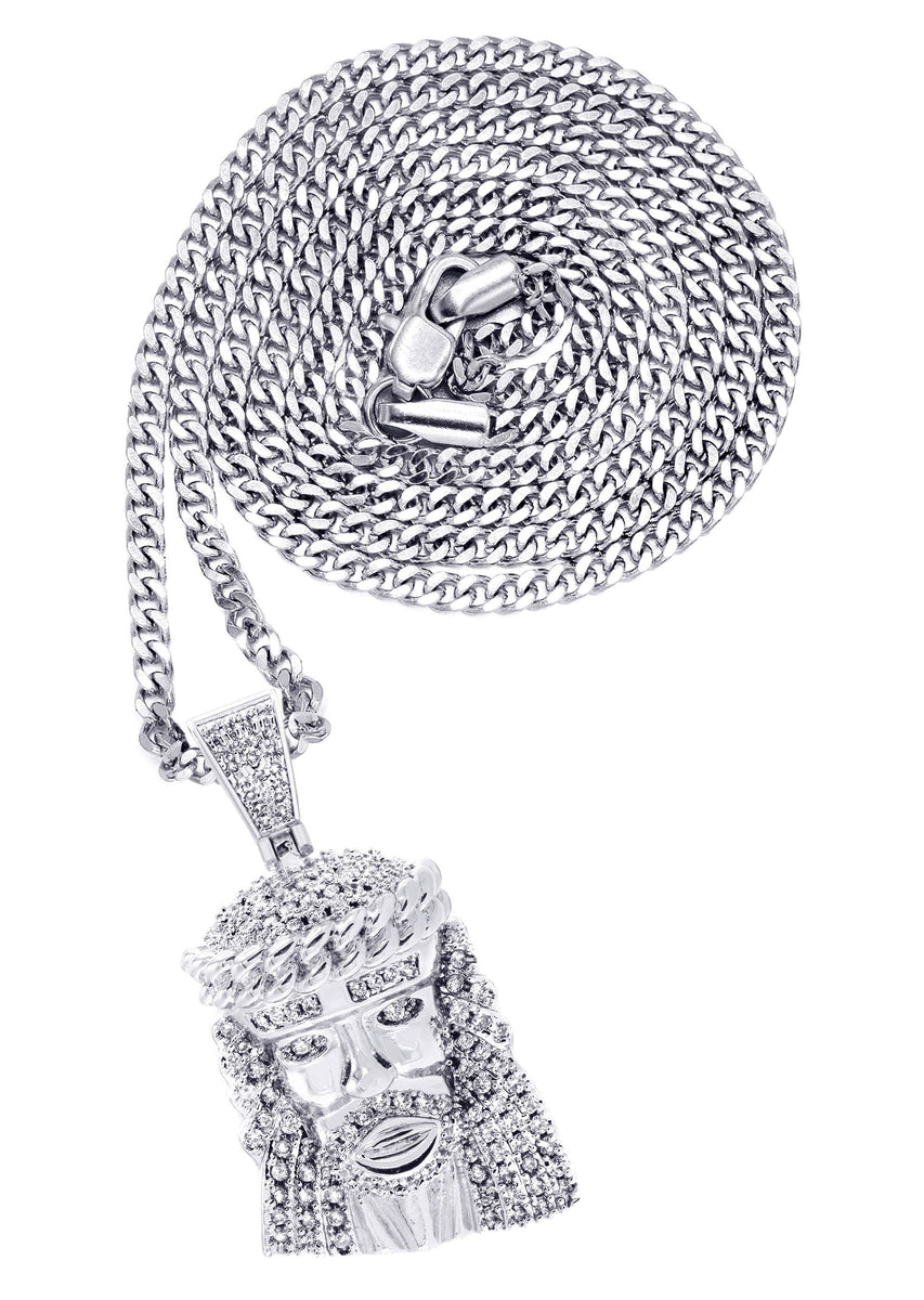 White Gold Plated Cuban Link Chain & Jesus Head Pendant | Appx. 22.7 G