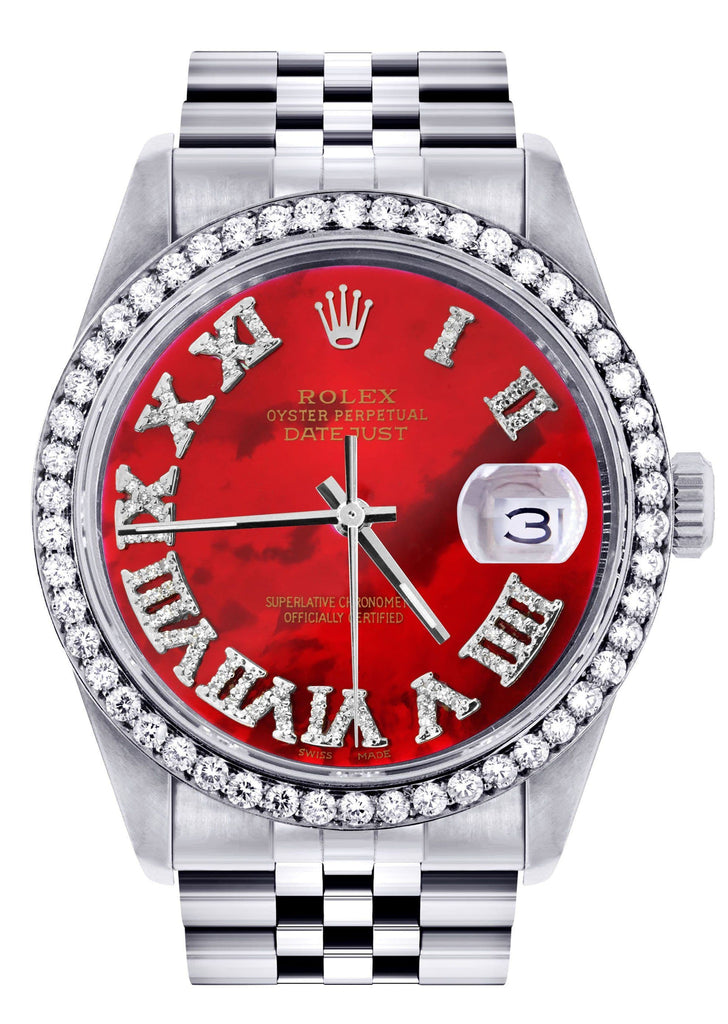 Diamond Rolex Datejust Watch | 36Mm | Diamond Red Mother Of Pearl Roman Numeral Dial | Jubilee Band CUSTOM ROLEX FROST NYC 