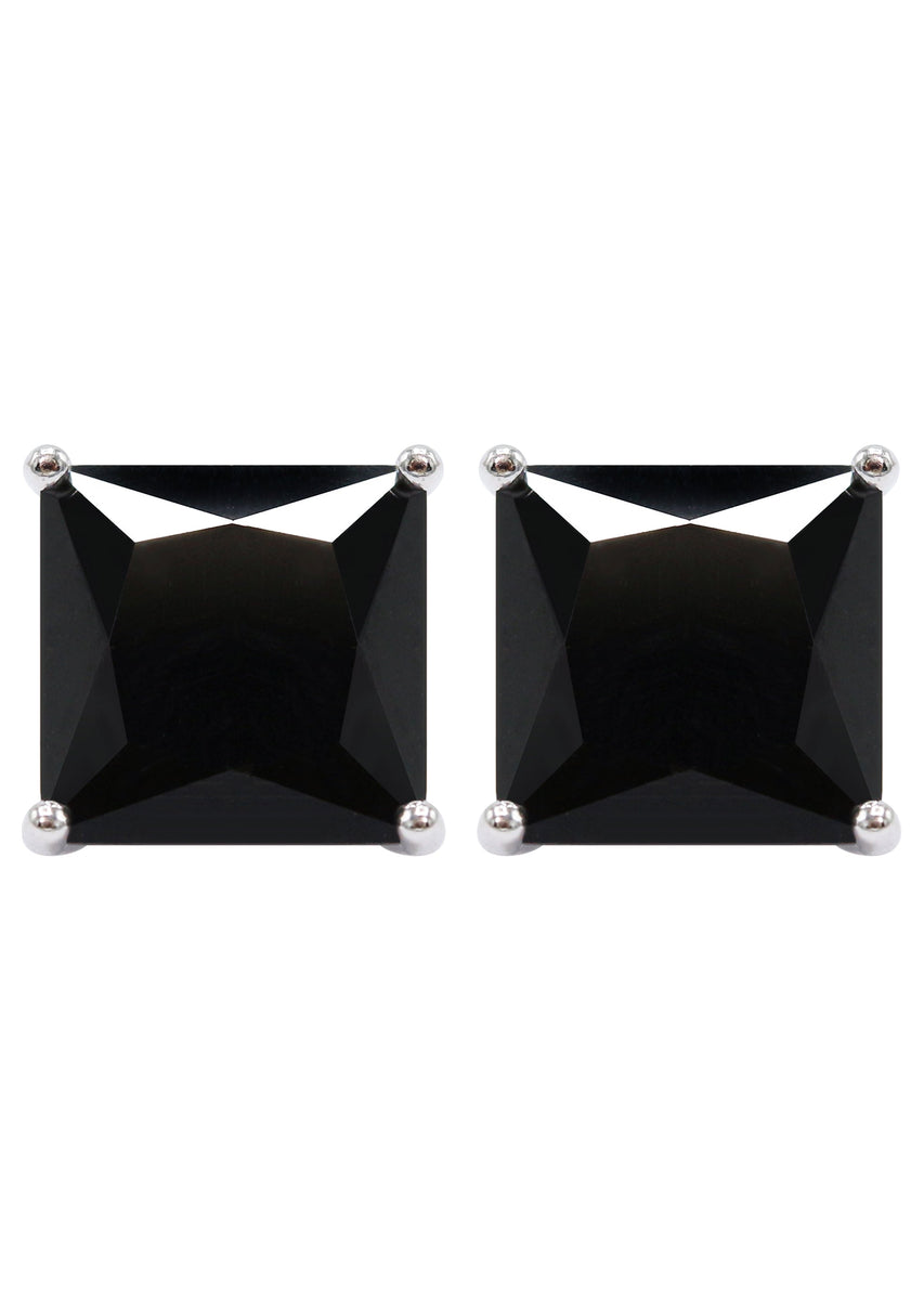 Men's Sterling Silver 925 Black Cubic Zirconia Square Stud Earrings - 9mm, Unisex, With Box