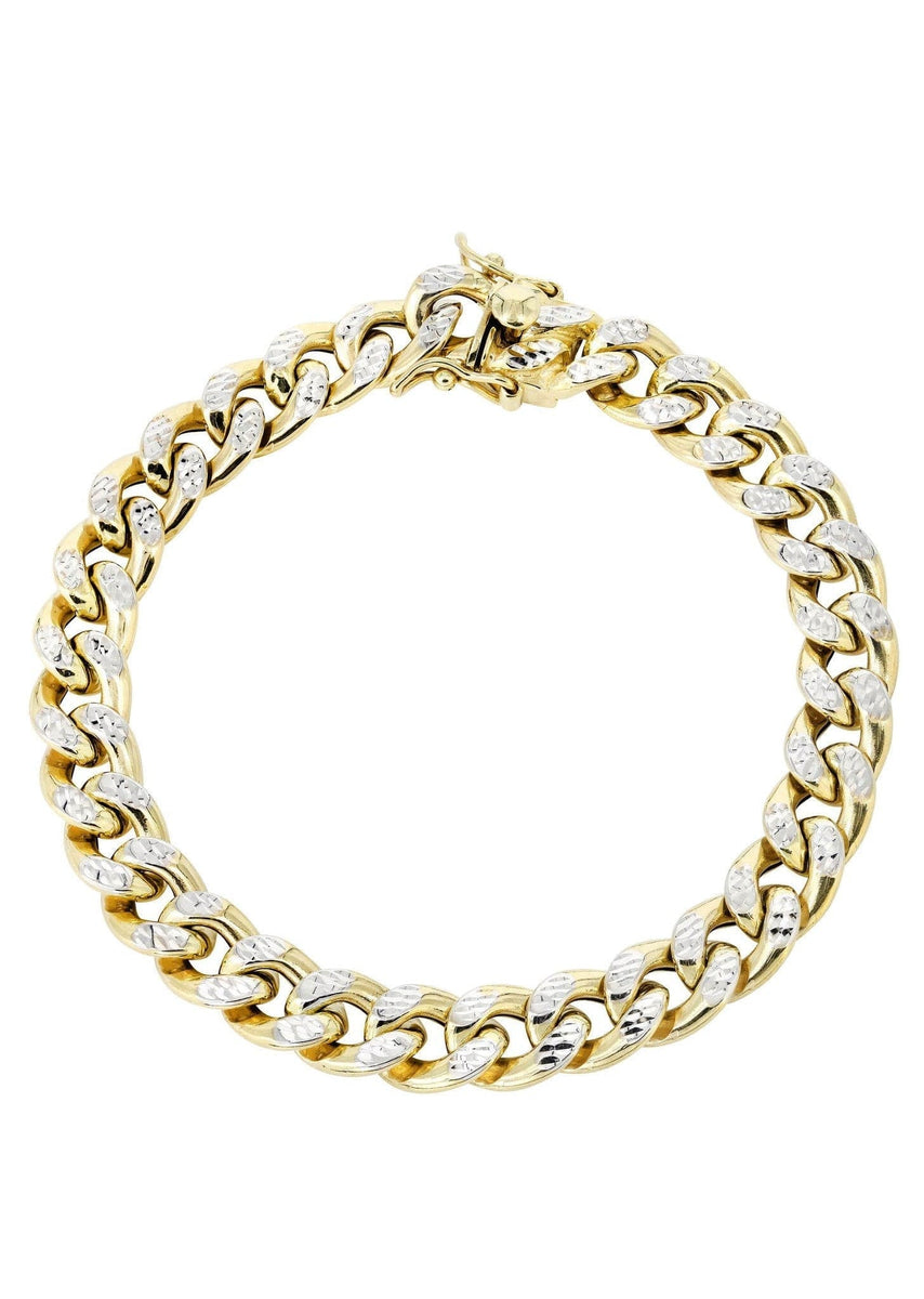 10K Yellow Gold Miami Cuban 7.5mm Monaco Diamond Cut Pave Chain Bracelet 7"- 9