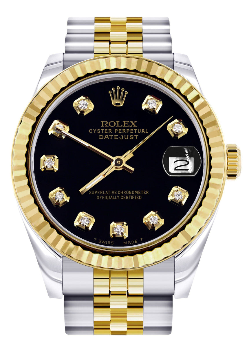 Diamond Gold Rolex Watch | 68273 | Fluted Bezel | 31MM | Black Diamond