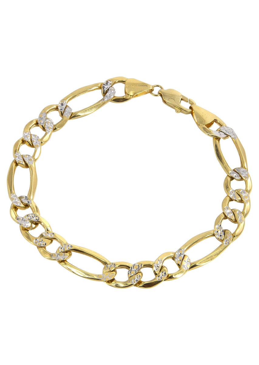Men's 9mm Diamond-Cut Figaro Chain Bracelet - 14k Yellow Gold Plated - 8 Inch Length