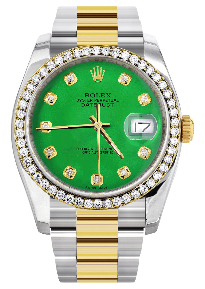 116233 | Diamond Gold Rolex Watch For Men | 36Mm | Green Dial | Oyster