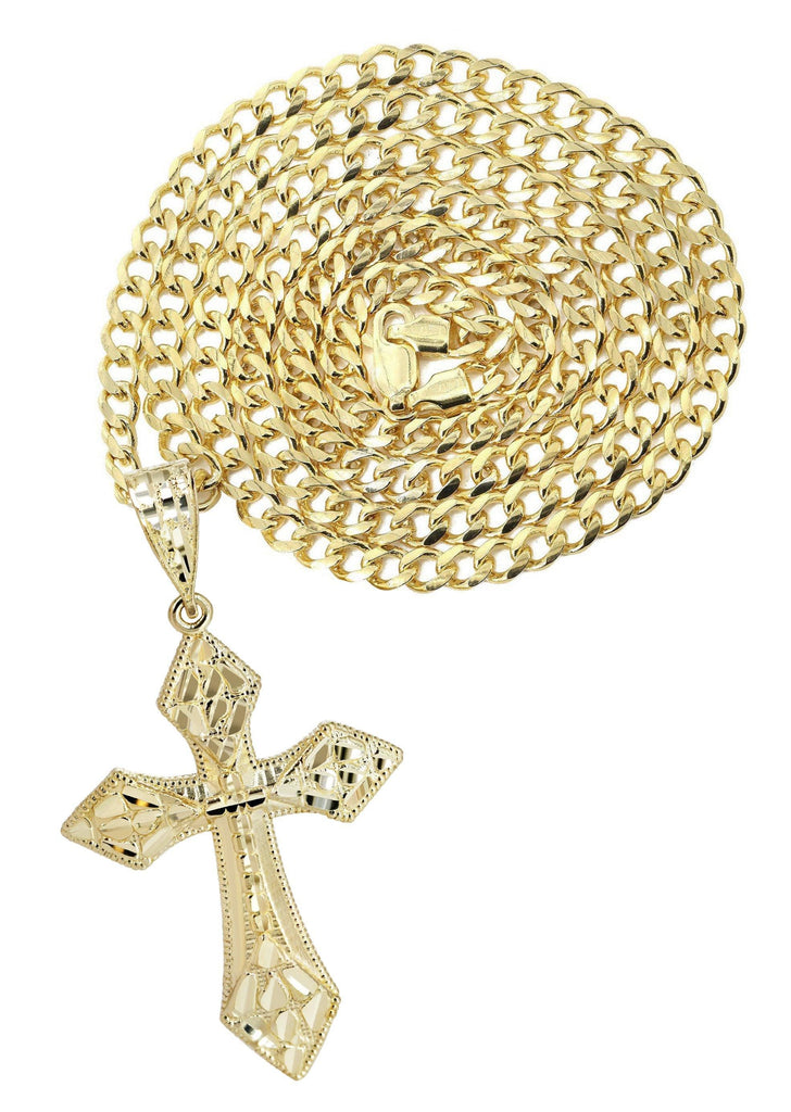 10K Yellow Gold Cuban Chain & Nugget Cross Pendant | Appx. 15.2 Grams chain & pendant FrostNYC 