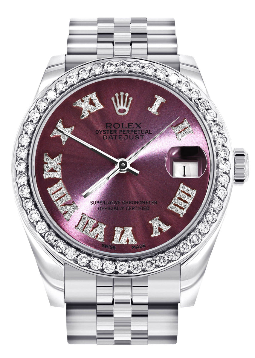 Diamond Rolex Watch | 68274 | Diamond Bezel | 31MM | Purple Roman Diam