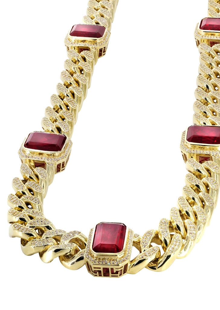 Solid Mens Ruby & Cz Miami Cuban Link Chain 10K Yellow Gold MEN'S CHAINS FROST NYC 