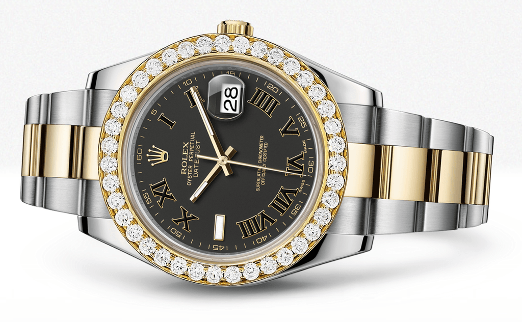 Rolex Datejust Ii Black Dial - Black And Gold Roman Numerals With 5 Carats Of Diamonds WATCHES FROST NYC 