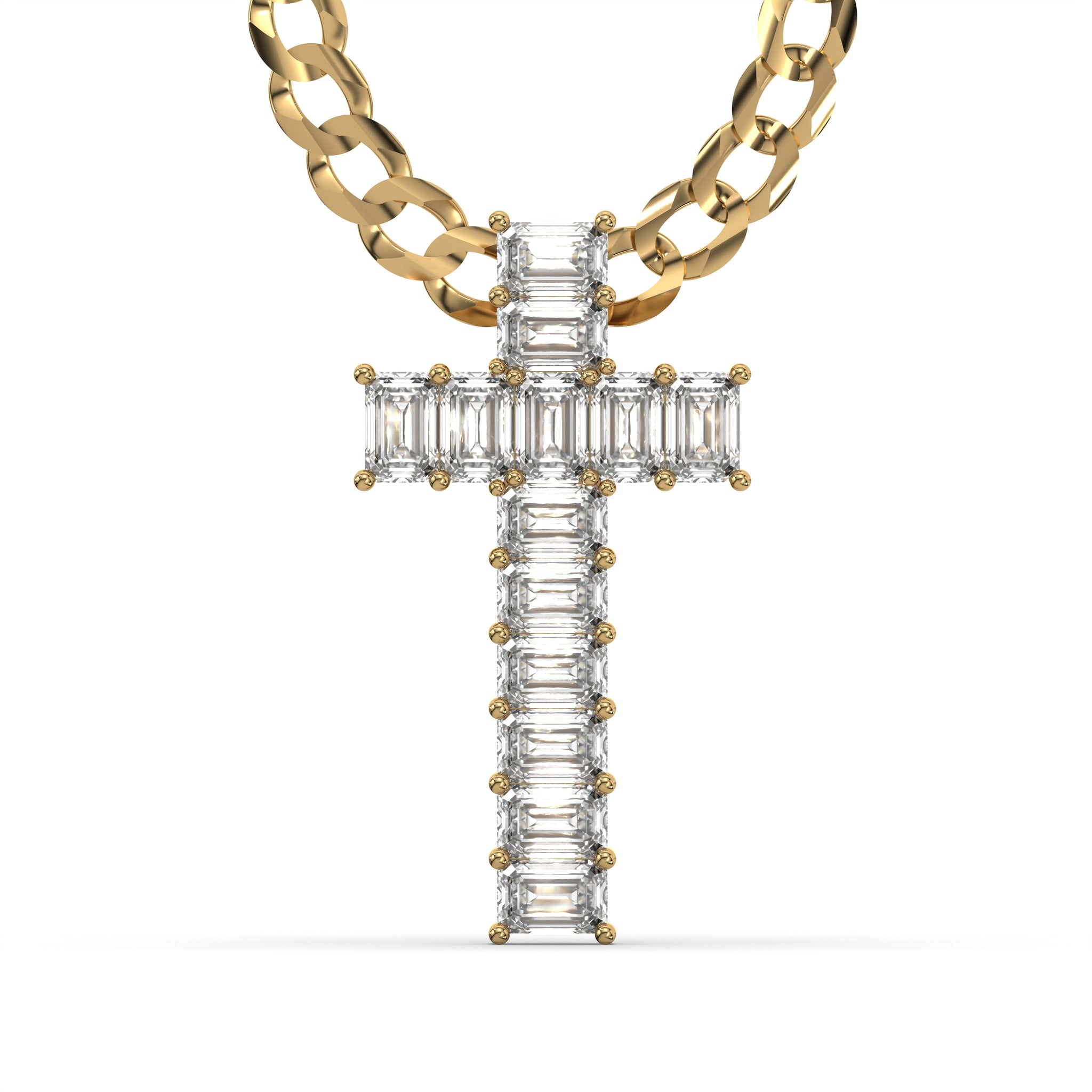 Men's Emerald Cut VVS Lab Diamond Customizable Yellow Gold Cross Neckl