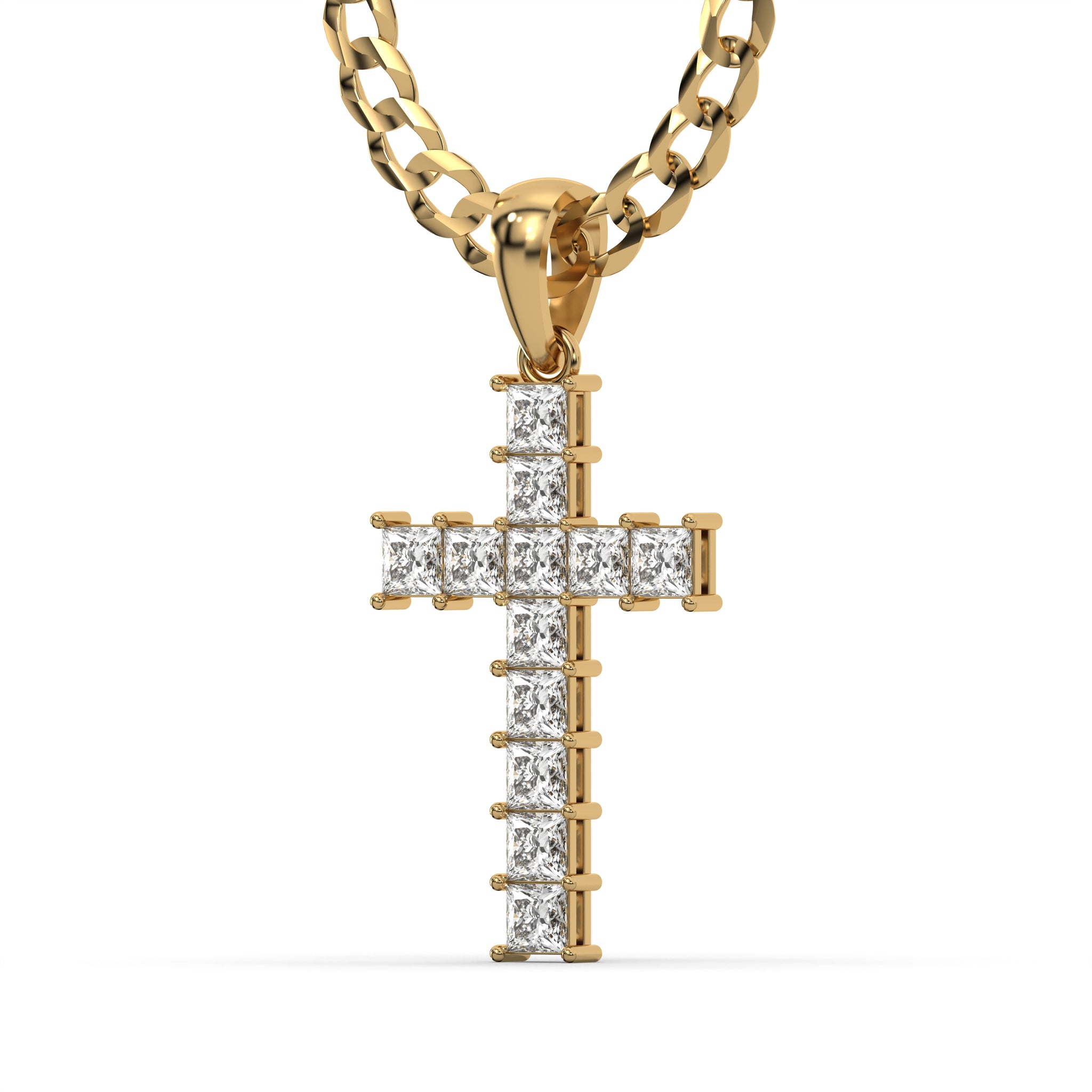 Men's VVS Princess Lab Diamond Customizable Yellow Gold Cross Necklace