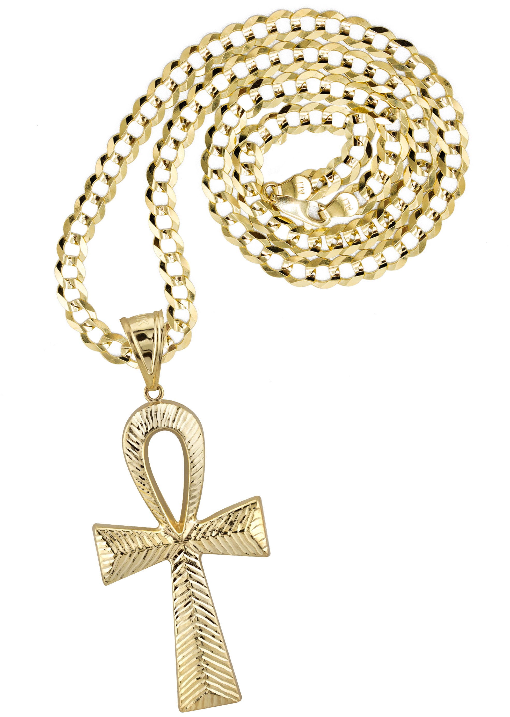 10K Solid Yellow Gold Men Women Diamond Cut Ankh Egyptian Cross Charm Pendant. e