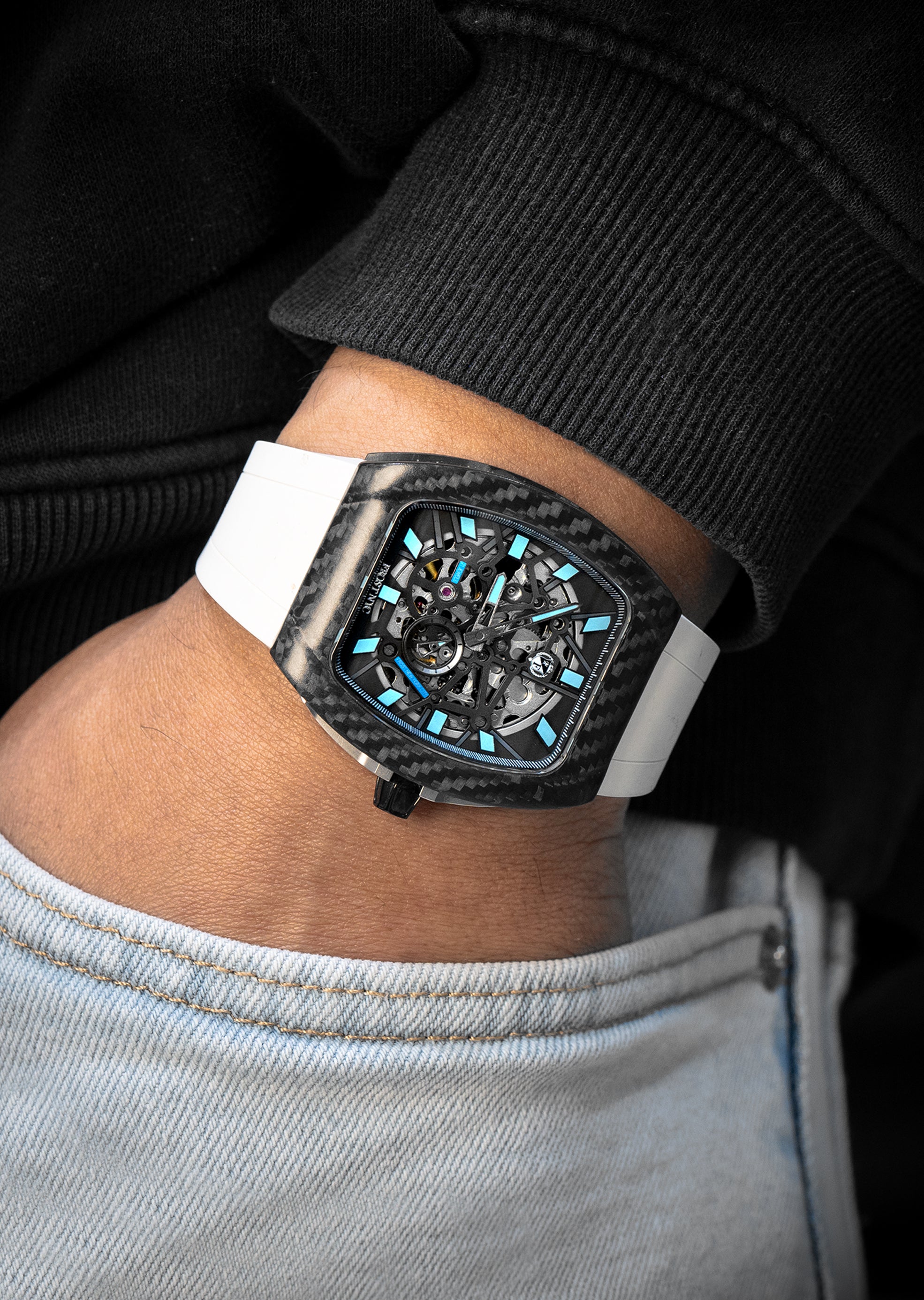 Frost NYC Mens Watch - Automatic Skeleton Carbon Fiber Sport Watch | F