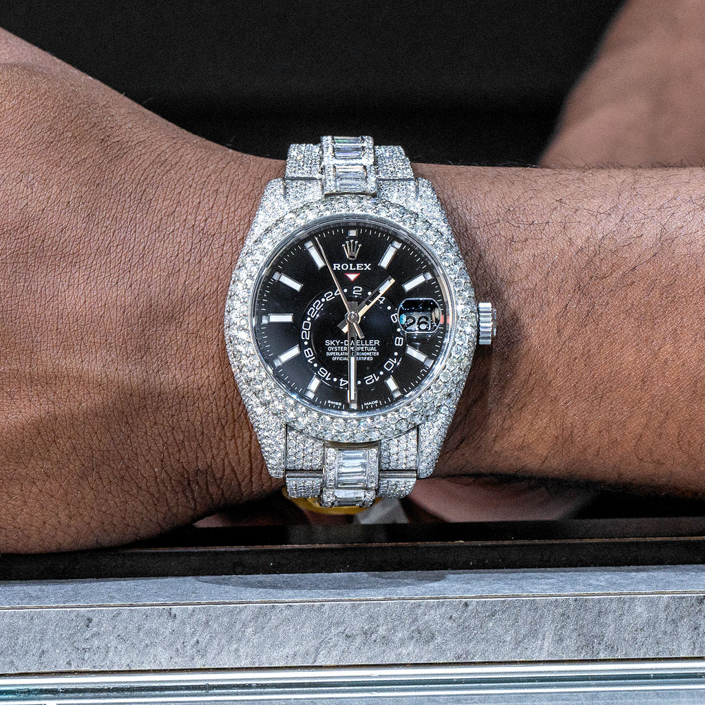 Rolex Sky-Dweller Stainless Steel Iced Out Baguette Round Diamon