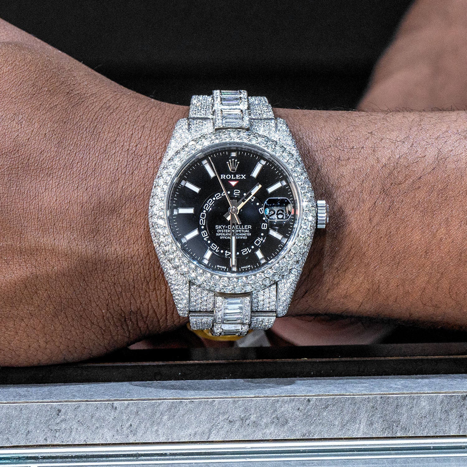 Rolex Sky-Dweller Stainless Steel Iced Out Baguette Round Diamon
