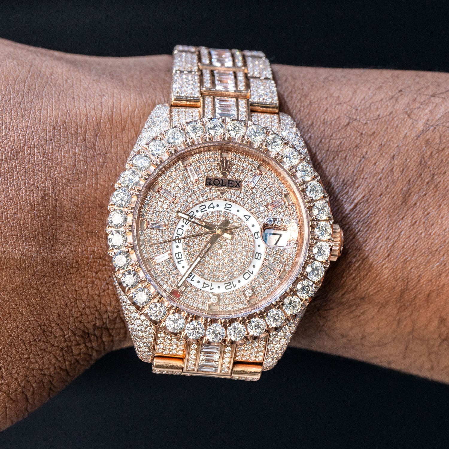 Rolex Sky-Dweller 18K Rose Gold Fully Iced Out Baguette And Round Di