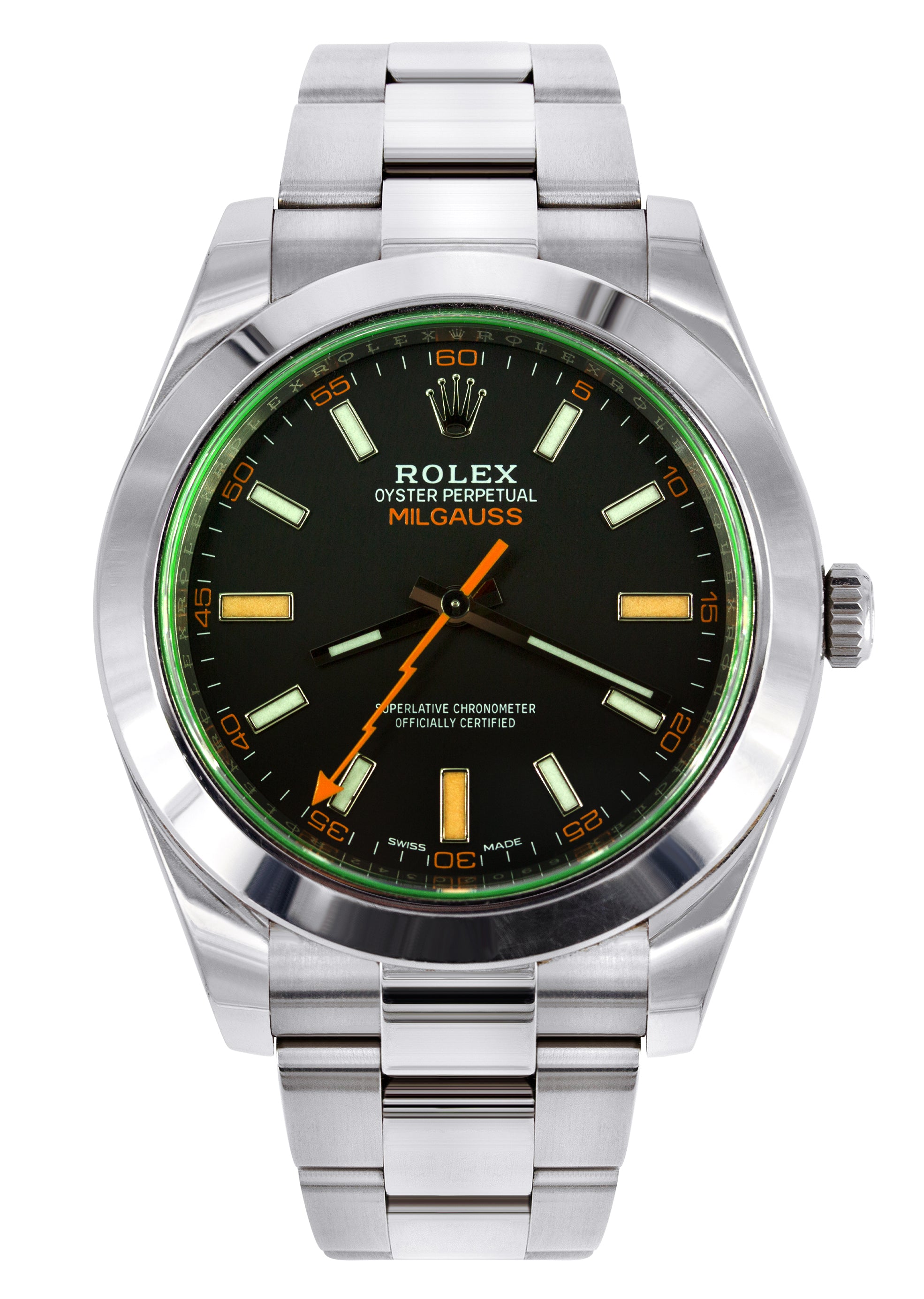 ミリココ ROLEX MILGAUSS 40 MM | OYSTER STEEL WATCH | BLACK DIAL| GREEN CRYSTAL