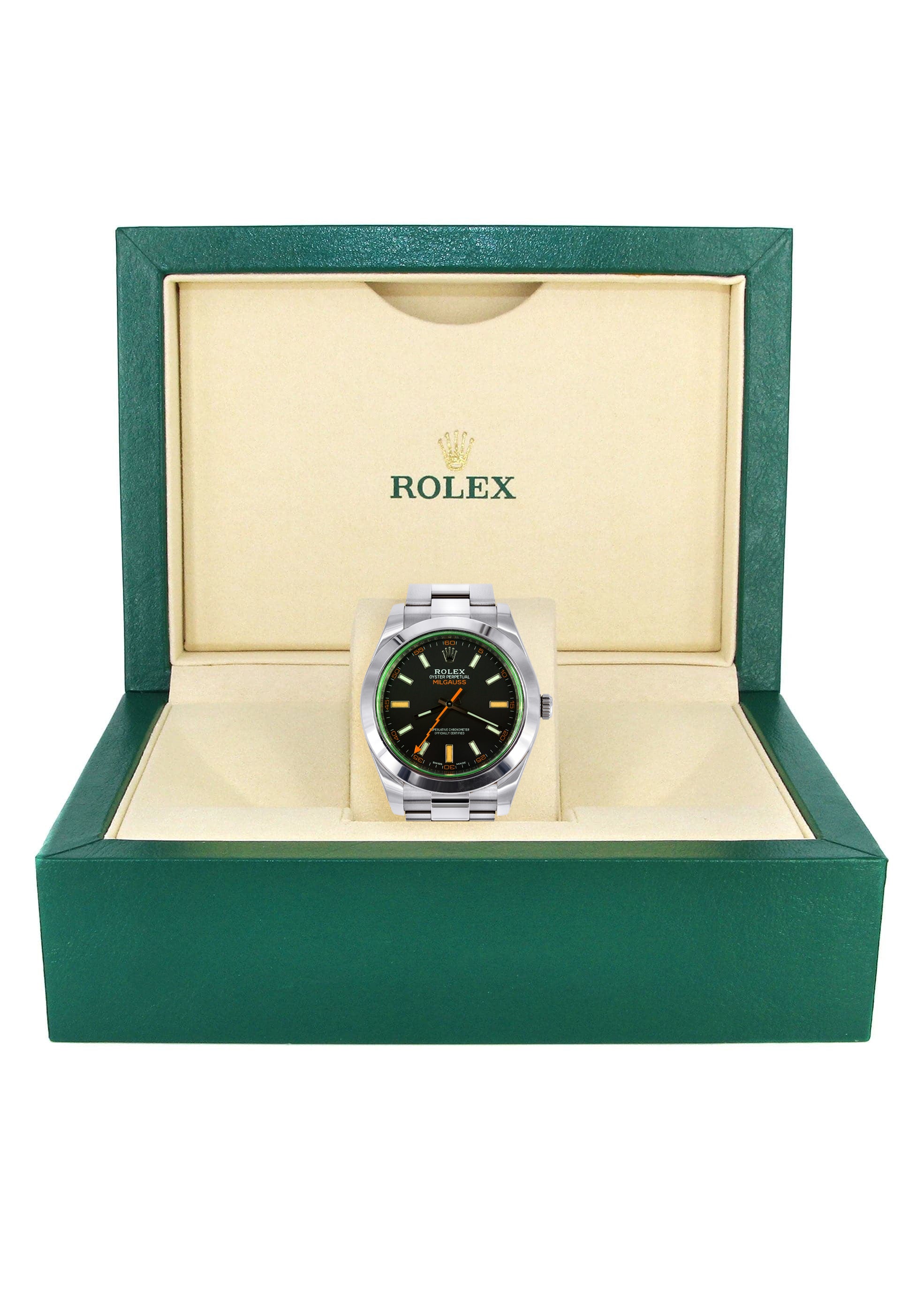 ROLEX MILGAUSS 40 MM | OYSTER STEEL WATCH | BLACK DIAL| GREEN CRYSTAL