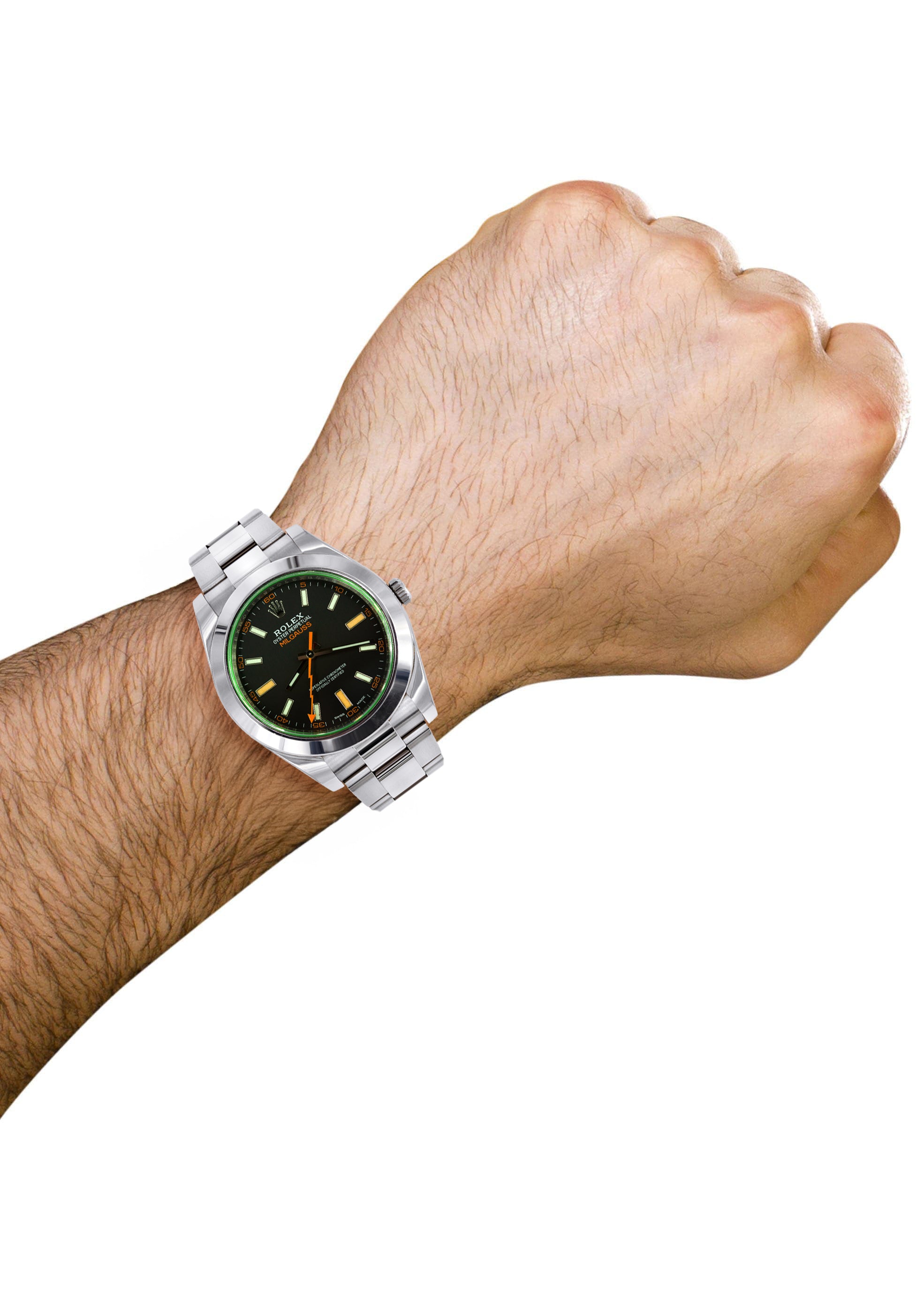 ROLEX MILGAUSS 40 MM | OYSTER STEEL WATCH | BLACK DIAL| GREEN CRYSTAL