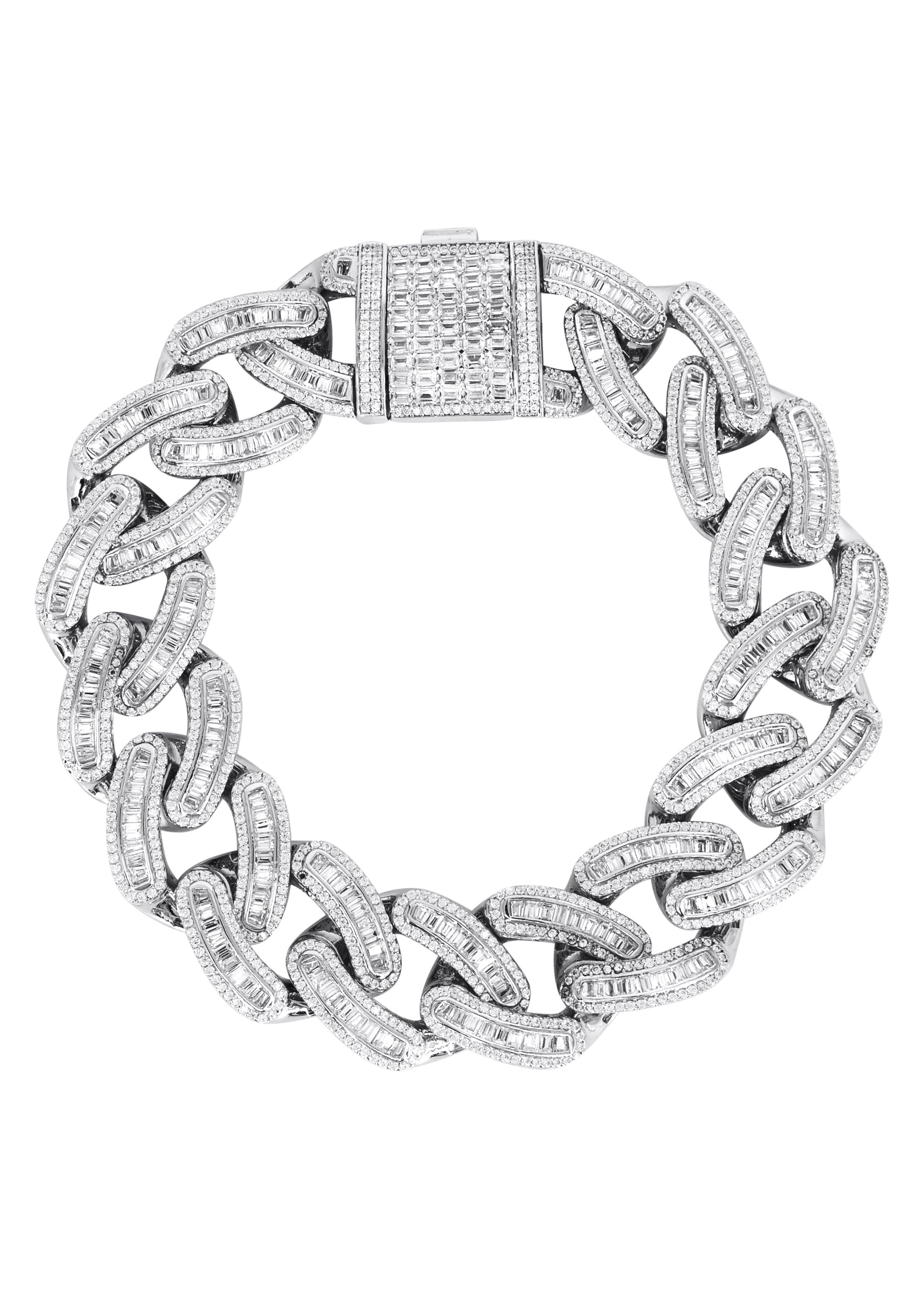 Silver White Iced Out Baguette Miami Cuban Bracelet