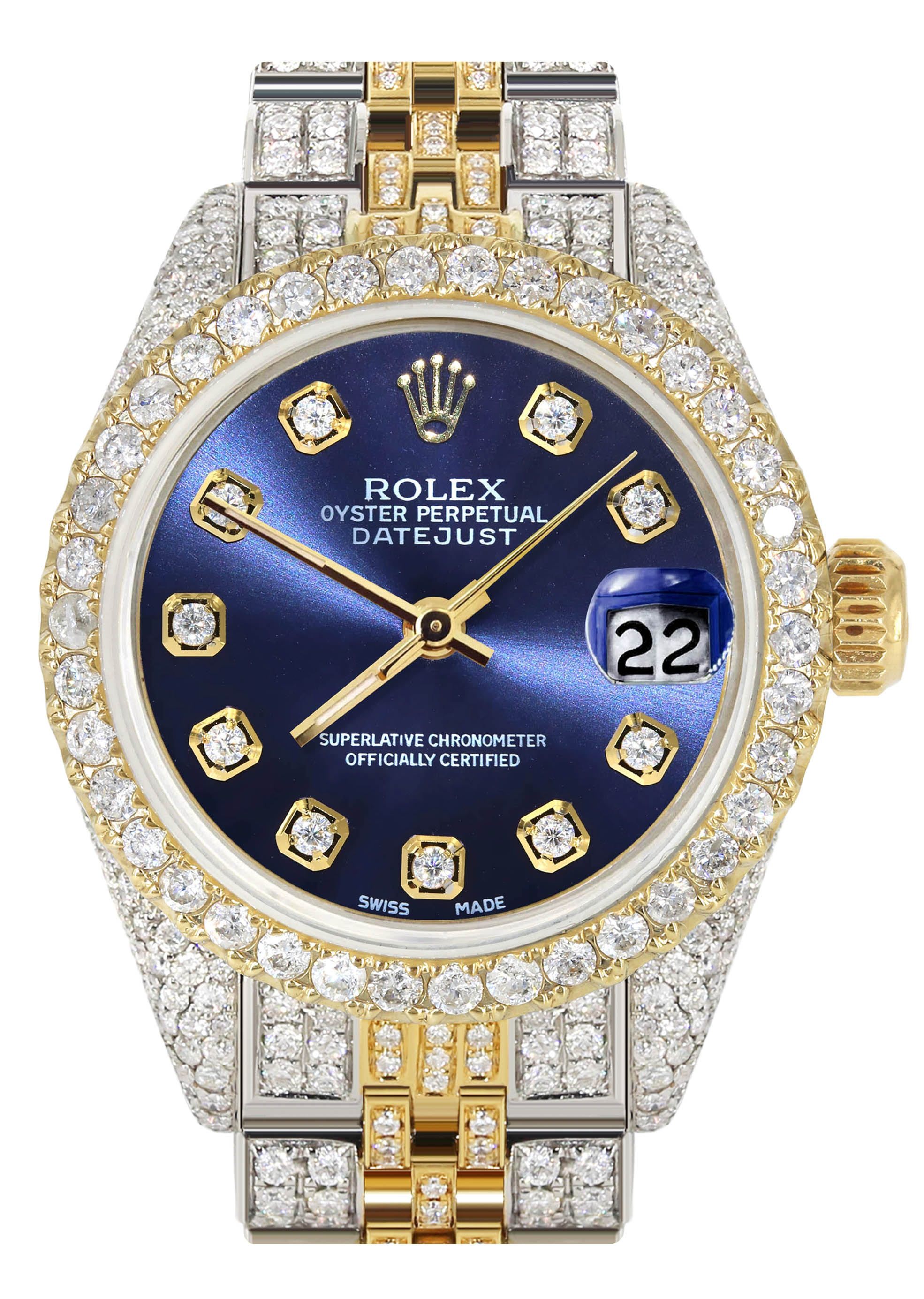 Dames Diamanten Gouden Rolex Horloge 26Mm Blauwe Wijzerplaat