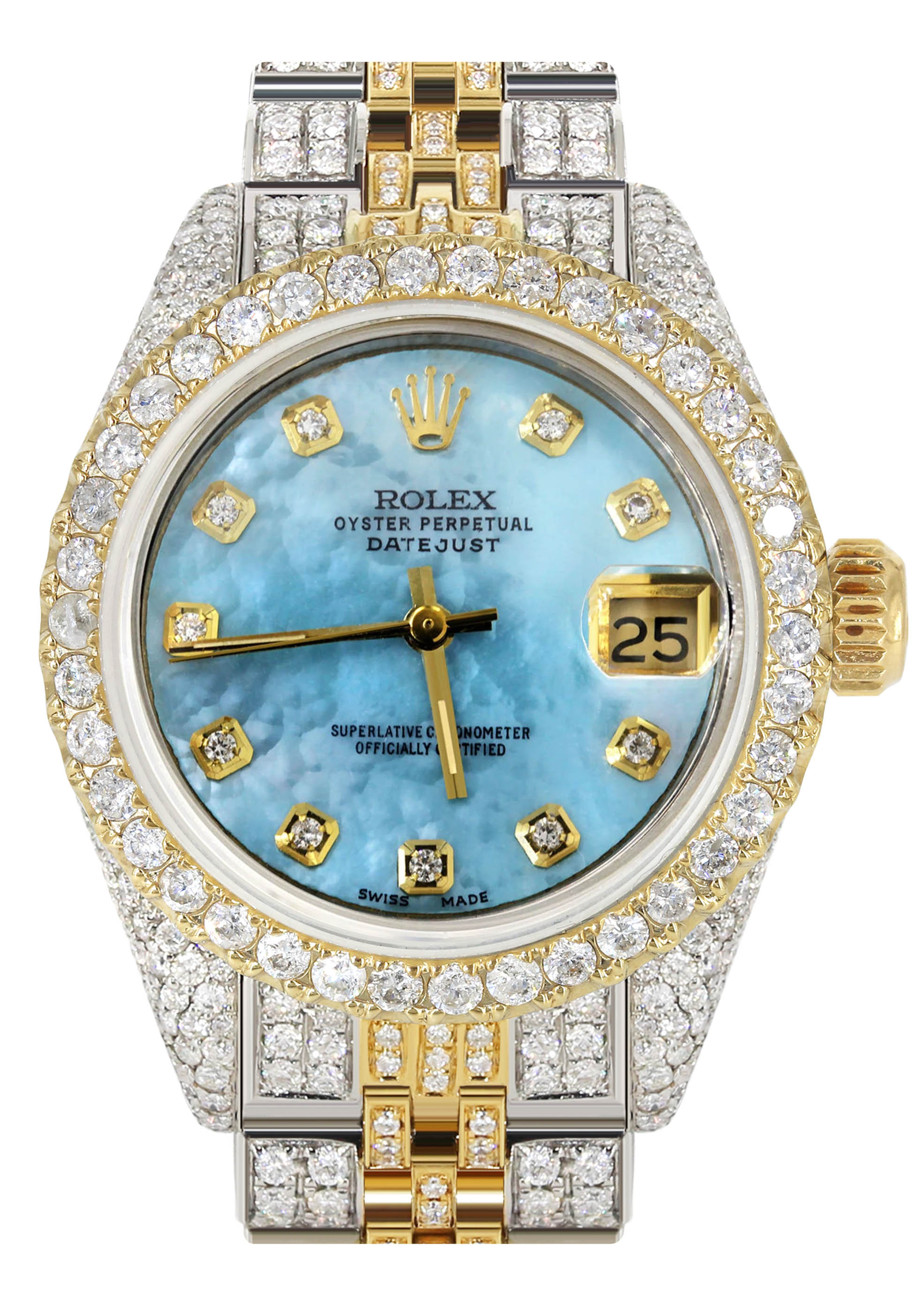 Reloj Rolex de oro y diamantes para mujer 26 mm Esfera azul