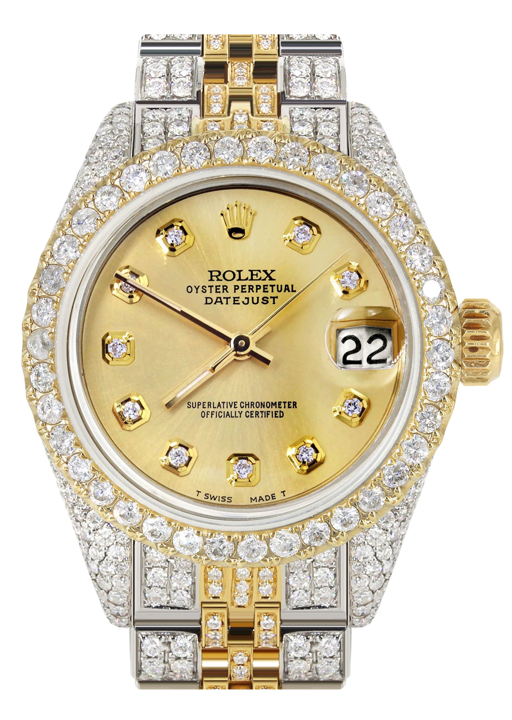 Reloj Rolex de oro con diamantes para mujer | 26 mm | dorada | Banda de Jubileo FrostNYC
