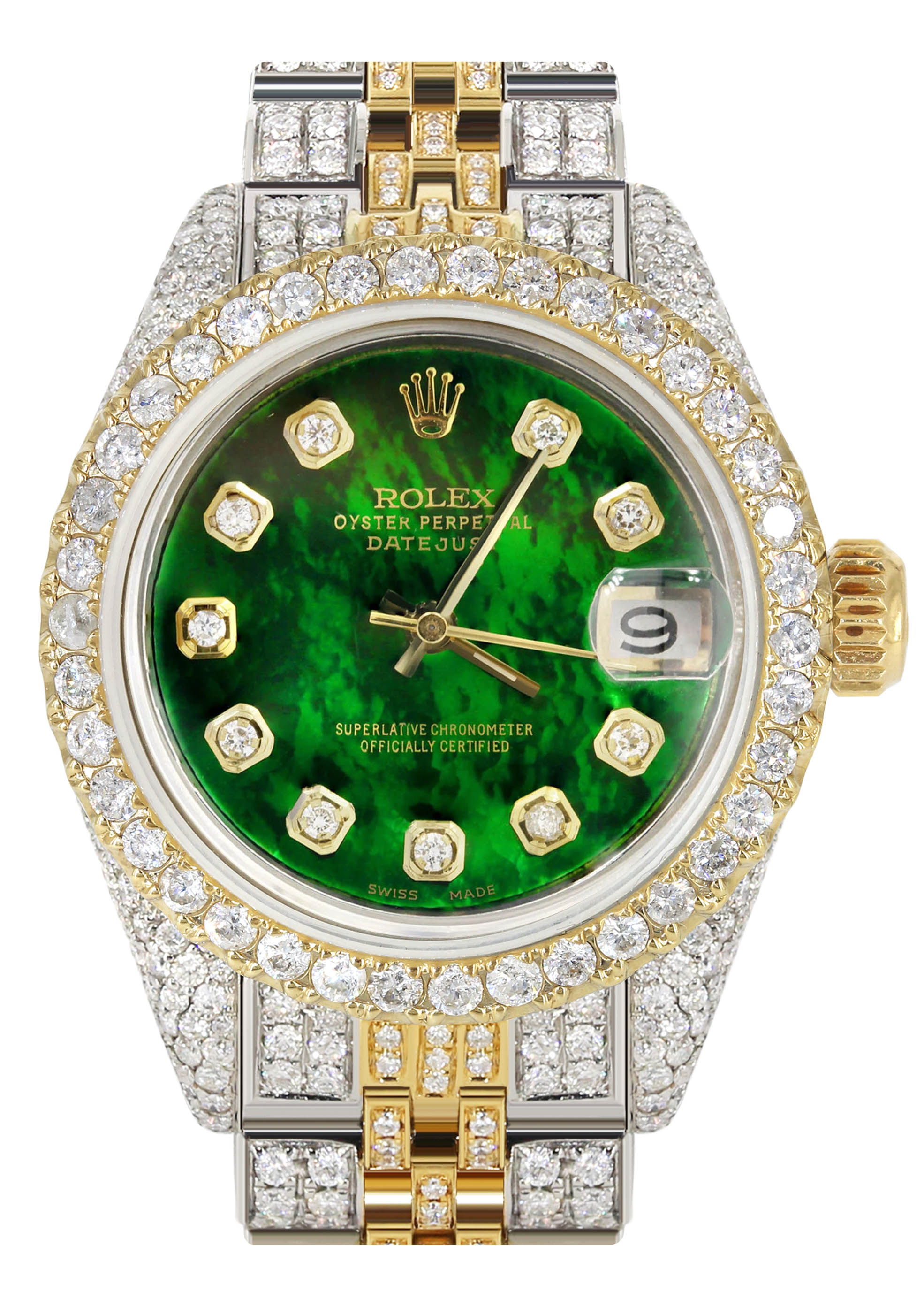 Womens Diamond Gold Rolex Watch | 26Mm | Green Mother Of Pearl Dial |