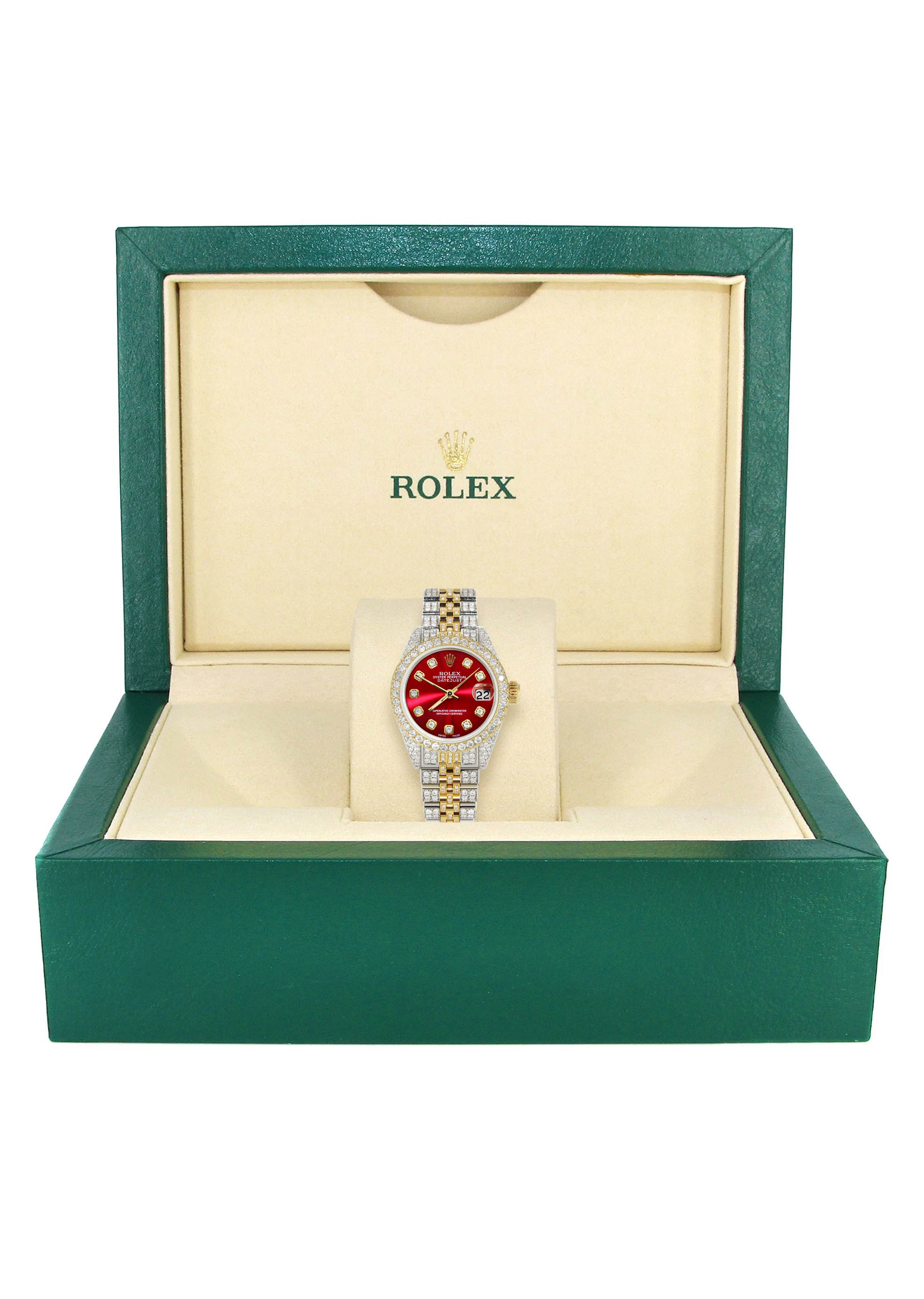 Womens Diamond Gold Rolex Watch | 26Mm | Red Dial | Jubilee Band