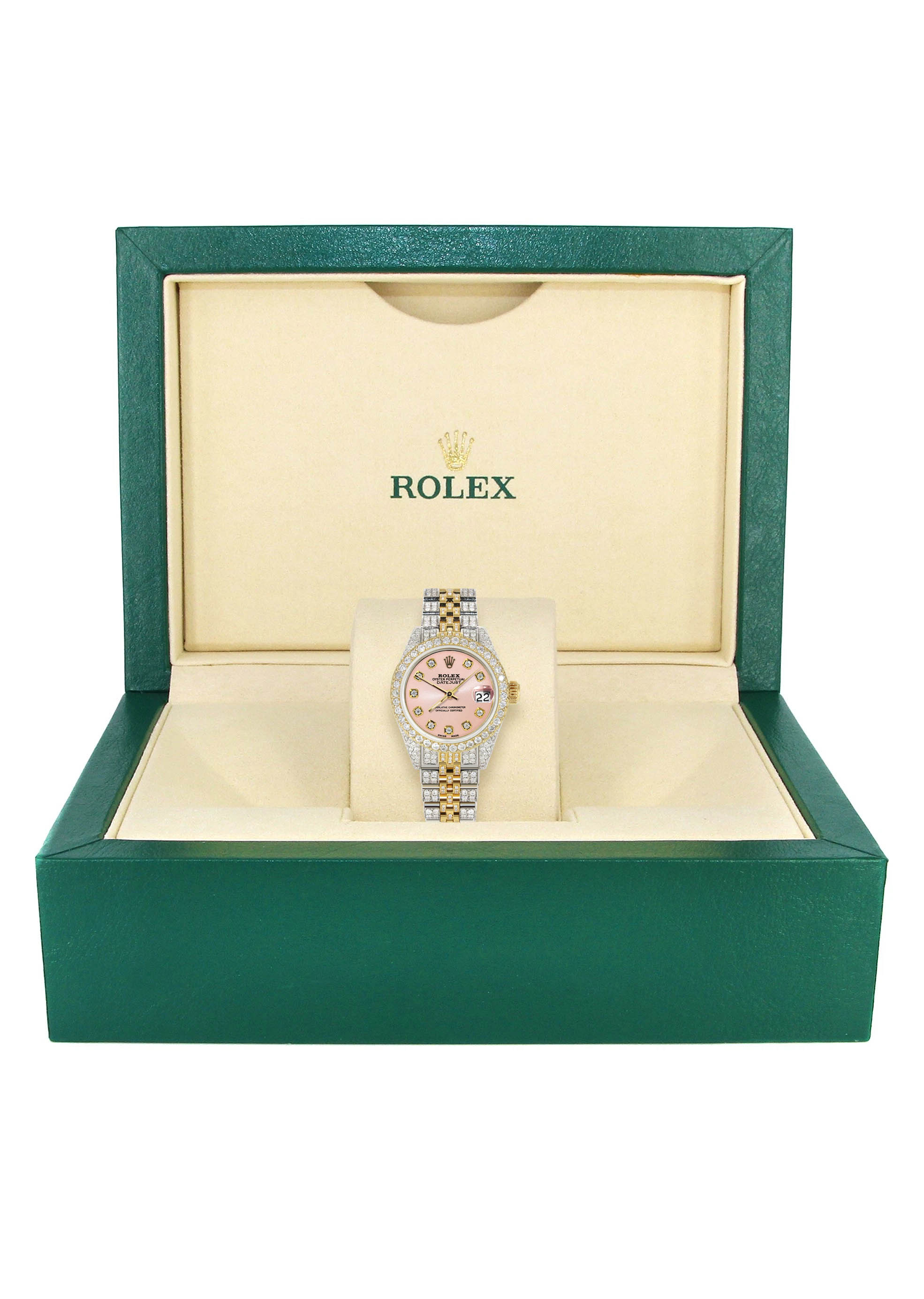 Womens Diamond Gold Rolex Watch | 26Mm | Light Pink Dial | Jubilee Ban