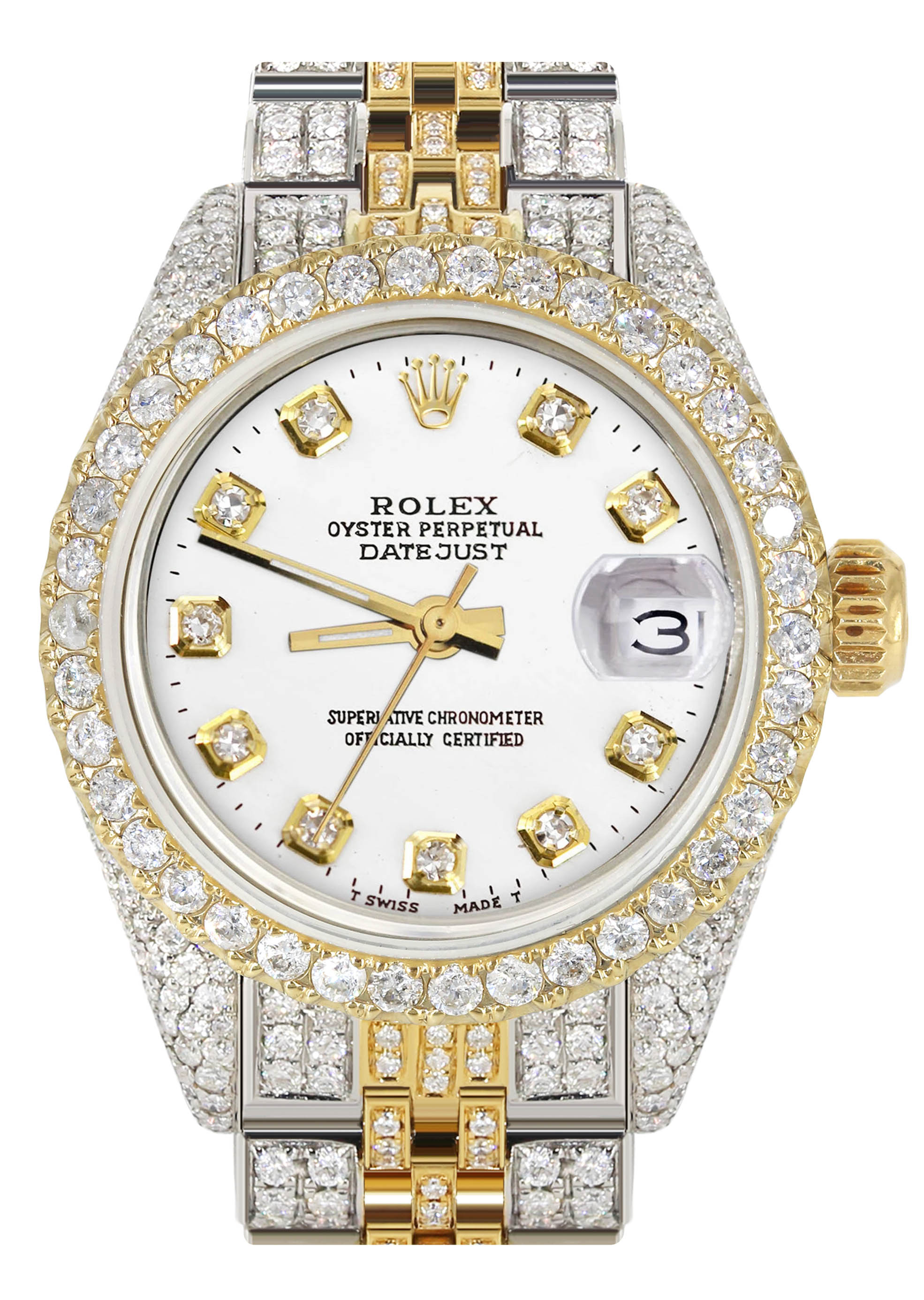 Womens Diamond Gold Rolex Watch 26Mm White Dial Jubilee Band