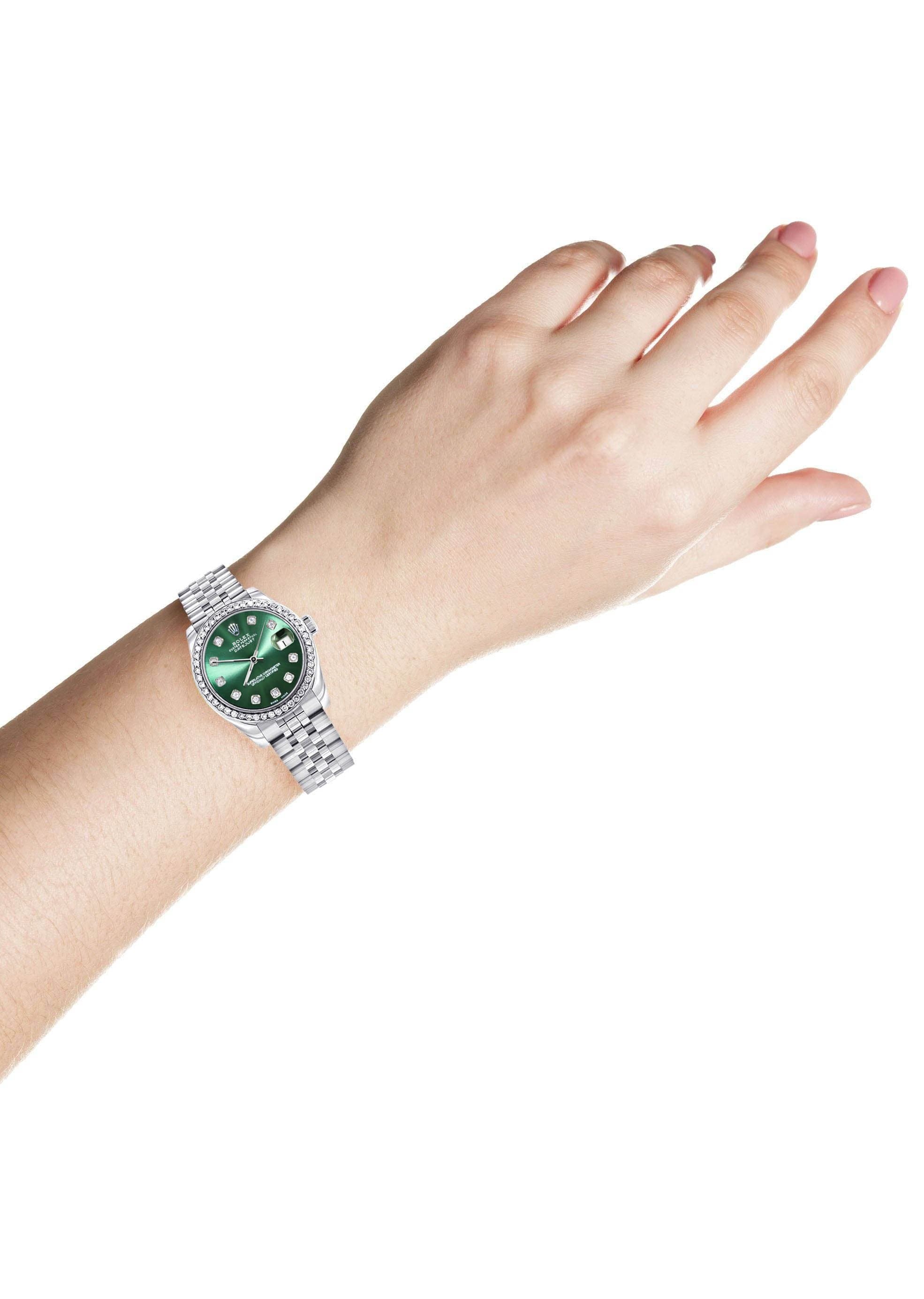 Diamond Rolex Watch | 68274 | Diamond Bezel | 31MM | Green Diamond Dia