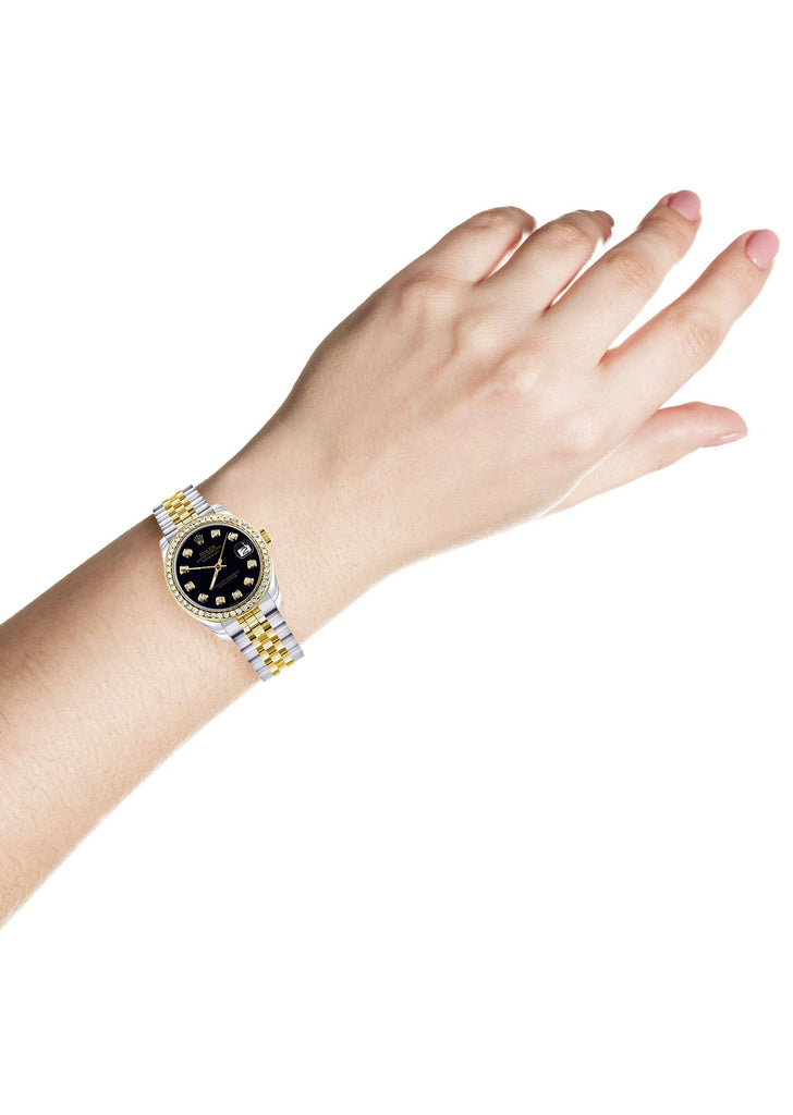 Womens Diamond Gold Rolex Watch | Diamond Bezel | 31MM | Black Diamond Dial | Jubilee Band FrostNYC 