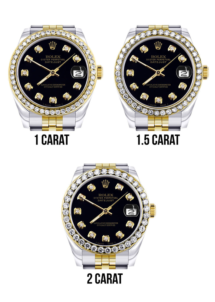Womens Diamond Gold Rolex Watch | Diamond Bezel | 31MM | Black Diamond Dial | Jubilee Band FrostNYC 
