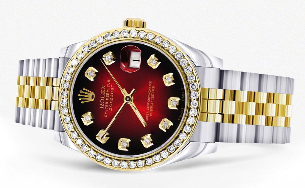 Womens Diamond Gold Rolex Watch | Diamond Bezel | 31MM | Red Diamond Dial | Jubilee Band FrostNYC 