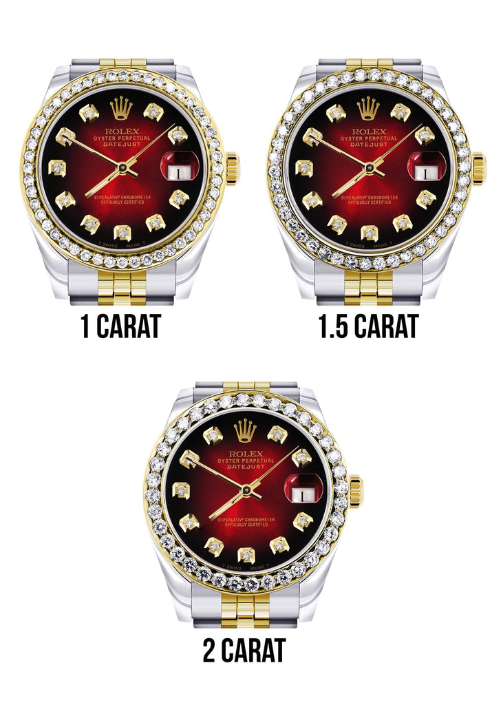 Womens Diamond Gold Rolex Watch | Diamond Bezel | 31MM | Red Diamond Dial | Jubilee Band FrostNYC 