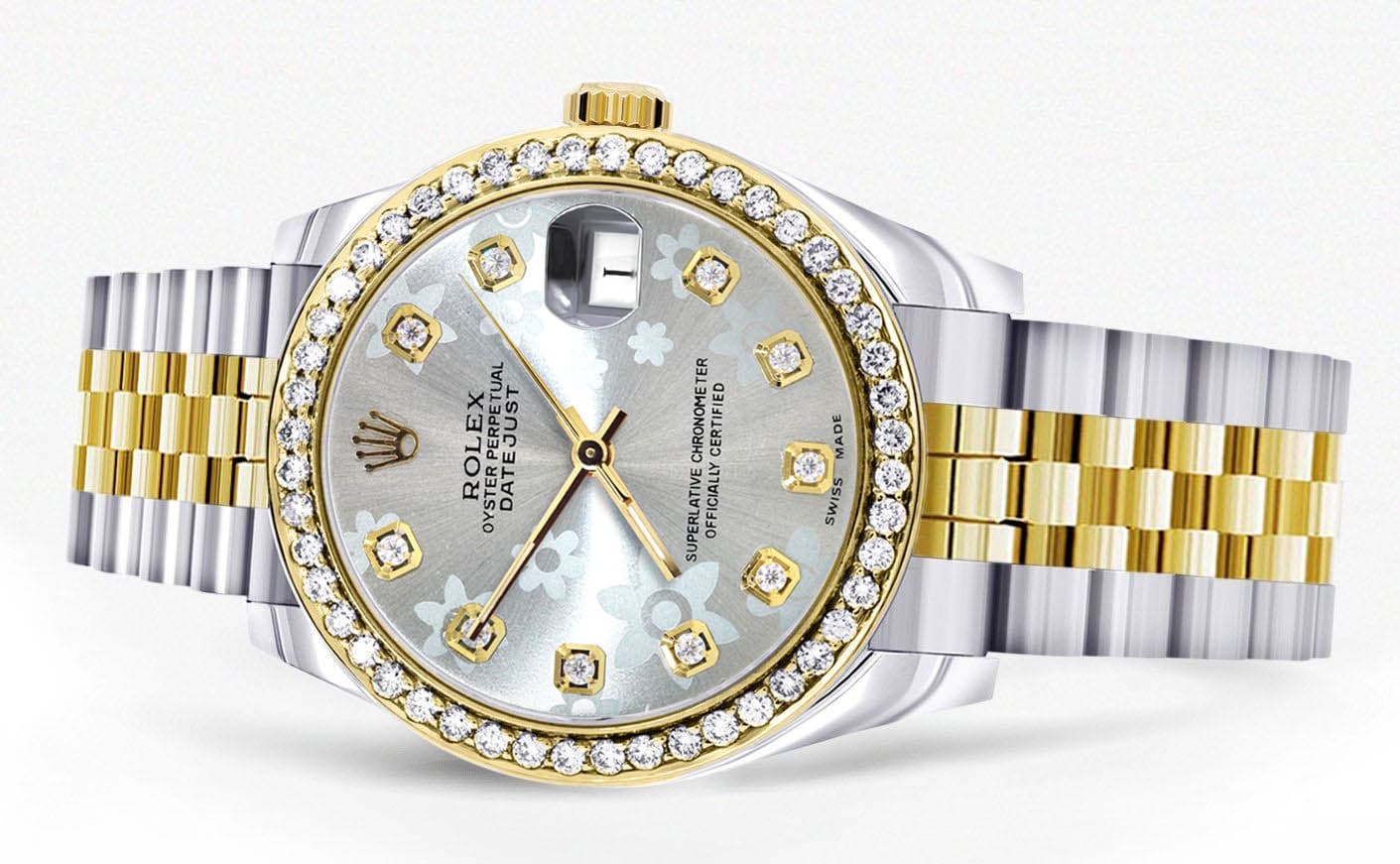 Diamond Gold Rolex Watch | 68273 |Diamond Bezel | 31MM | Floral Blue D
