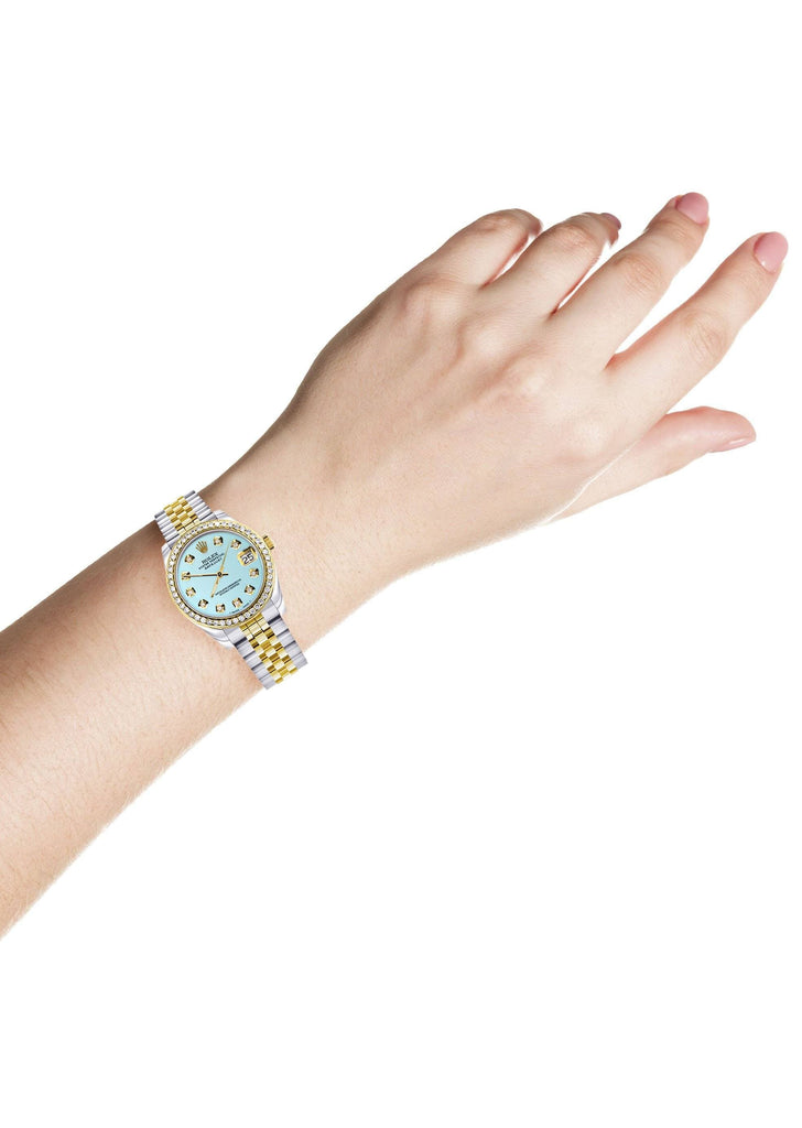 Diamond Gold Rolex Watch | Diamond Bezel | 31MM | Baby Blue Diamond Dial | Jubilee Band FrostNYC 