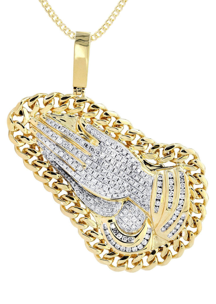 14 Yellow Gold Praying Hands Diamond Pendant & Cuban Chain | 4.23 Carats Diamond Combo FROST 