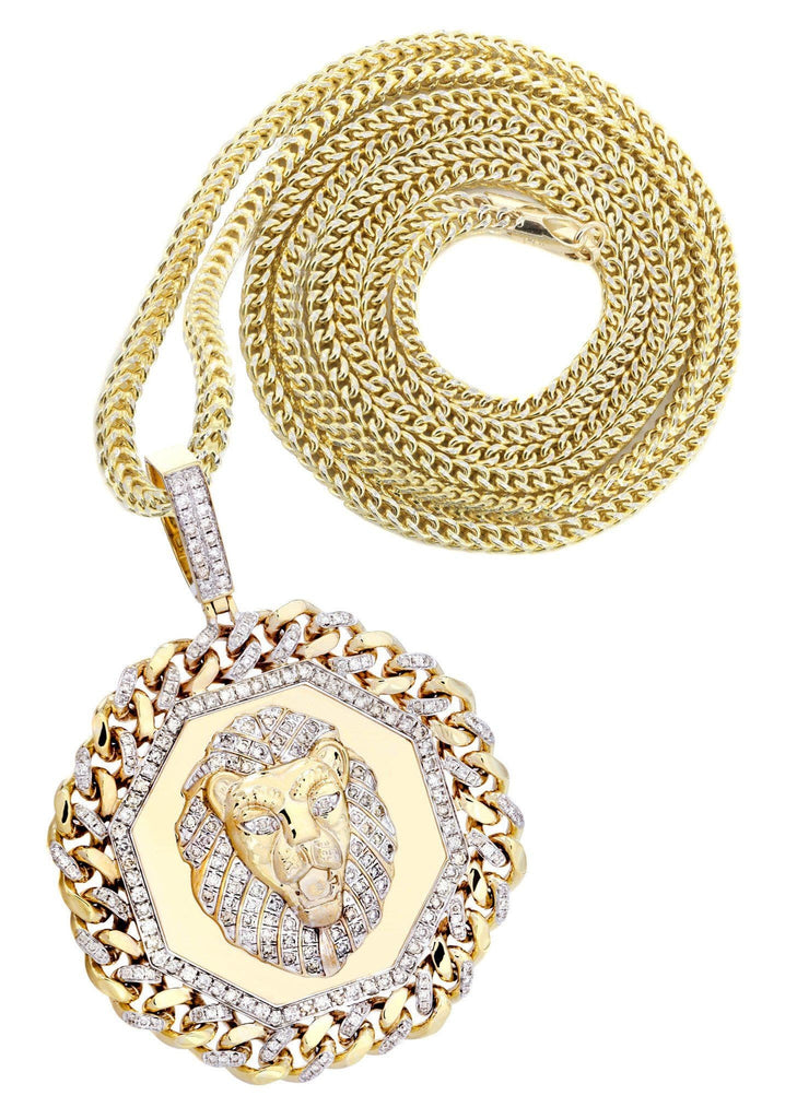 10 Yellow Gold Lion Head Diamond Pendant & Franco Chain | 2.92 Carats Diamond Combo FROST 