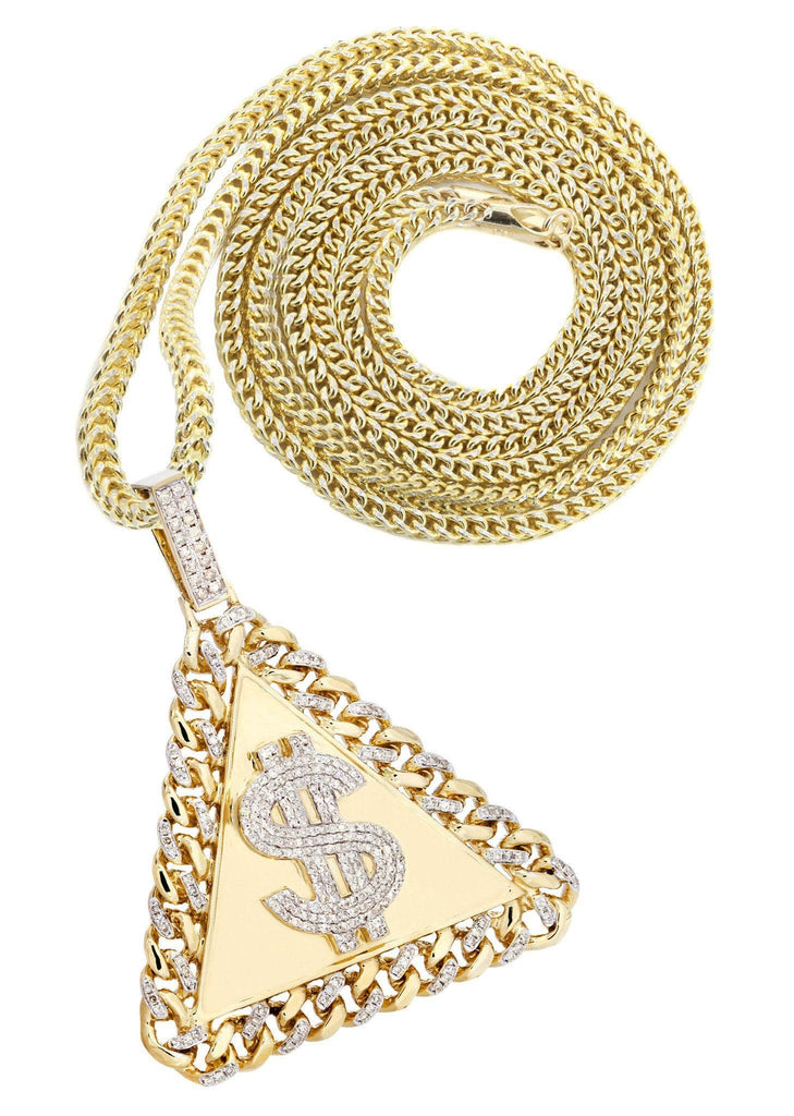 14 Yellow Gold Money Sign Diamond Pendant & Franco Chain | 2.4 Carats Diamond Combo FROST 