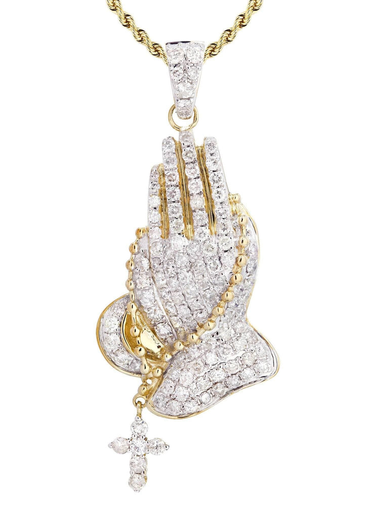 10K Yellow Gold Praying Hands Diamond Pendant & Rope Chain | 5 Carats Diamond Combo FROST NYC 