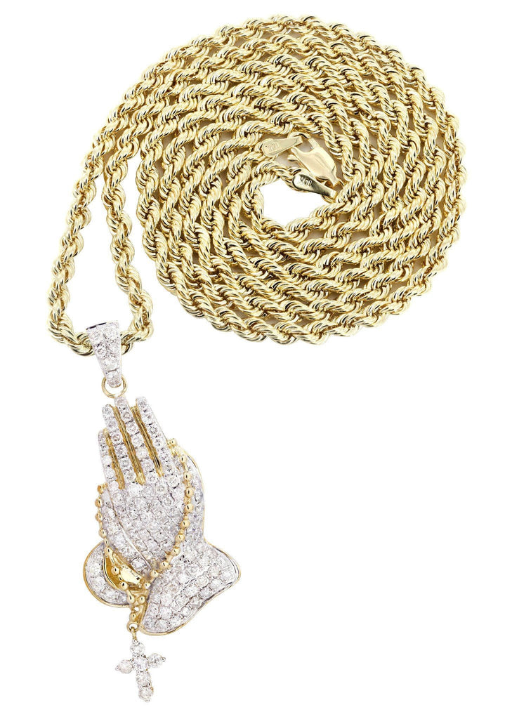 10K Yellow Gold Praying Hands Diamond Pendant & Rope Chain | 5 Carats Diamond Combo FROST NYC 