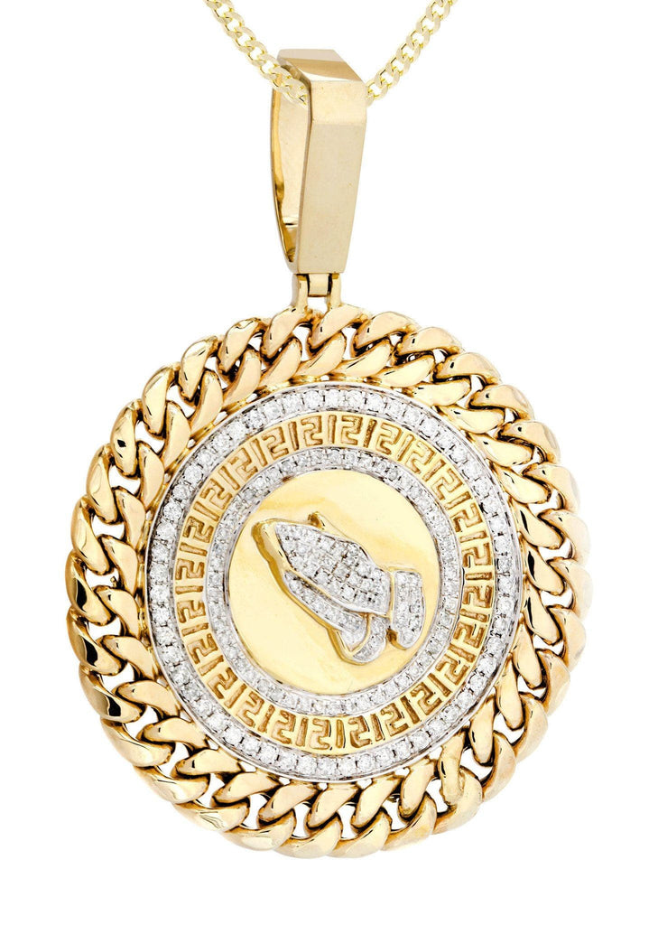 14 Yellow Gold Praying Hands Diamond Pendant & Cuban Chain | 1.46 Carats Diamond Combo FROST 