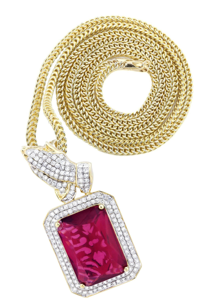 14K Yellow Gold Ruby Praying Hands Diamond Necklace | 2.91 Carats