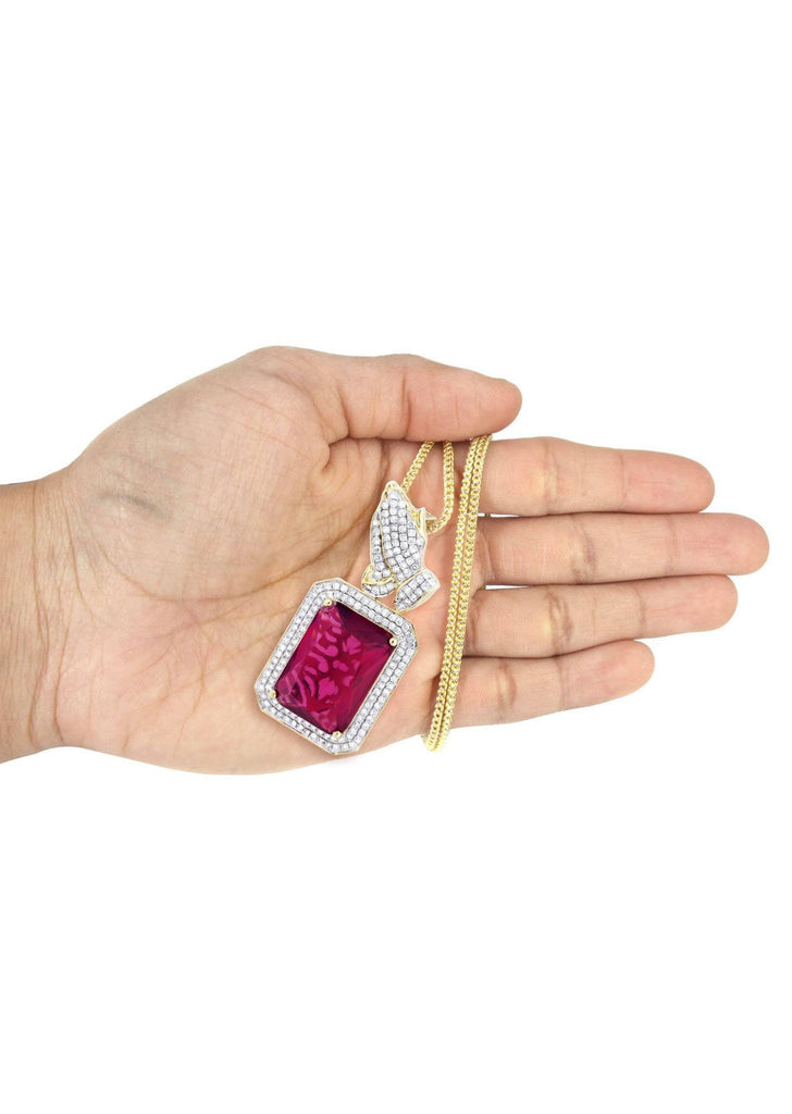 14K Yellow Gold Ruby Praying Hands Pendant & Franco Chain | 2.91 Carats diamond combo FrostNYC 